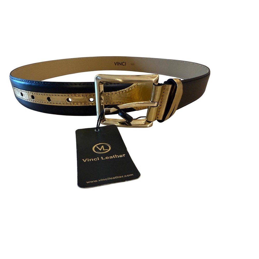 Vinci Leather "The Arda" Black & Gold Leather Belt Size 38 / 120cm — NWT